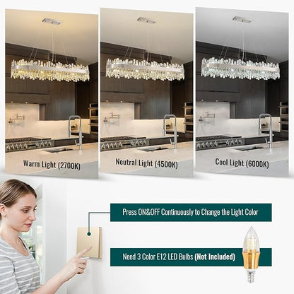 Siljoy L52'' Large Rectangular Crystal Chandelier for Dining Room, 20-Light Modern 2-Tiers K9 Crystal Raindrop Chandelier, Adjustable Height Crystal Ceiling Light for Living Room Kitchen Island