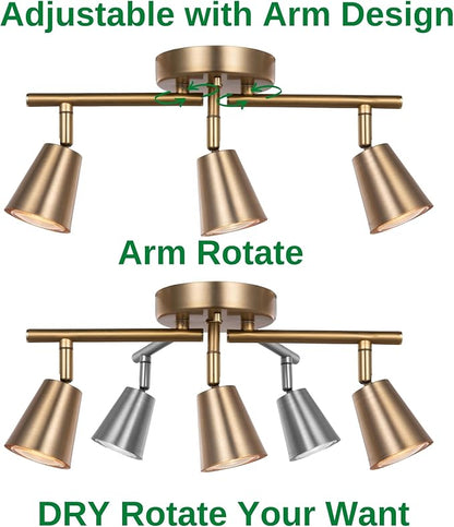 3 Light Track Lighting Kit, Matte Brass Finish Adjustable Flexibly Rotatable Light Head Modern Ceiling Spot Light for Kitchen,Bedroom,Living Room
