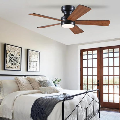 BYKISTOK Ceiling Fans with Lights Flush Mount - 46in Low Profile Ceiling Fan Remote Control with 5 Dual-Sided Blades, Reversible 6 Speeds, Dimming & 2H Timing, Indoor Fan Light for Bedroom, Kitchen