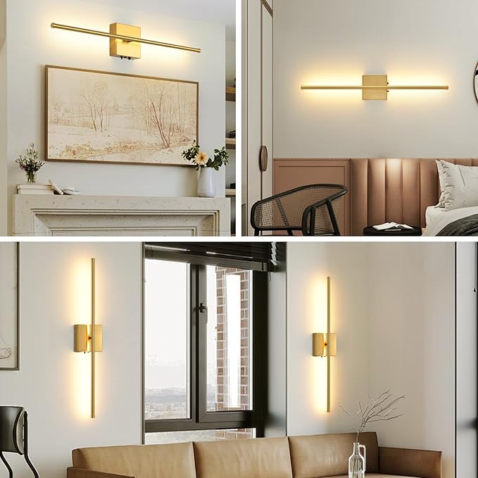 Battery Operated Wall Sconces Set of 2, 11000mAh Wireless Rechargeable Gold Wall Lights with Remote Control, 350°Rotate Dimmable Wall Lamp, 3 Color Temperatures, for Bedroom, Living Room, Hallway