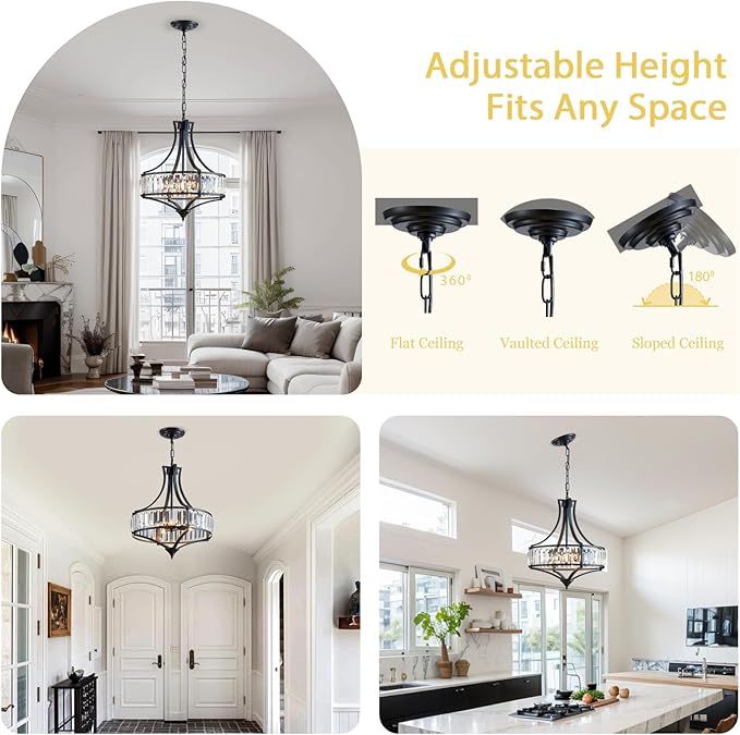Crystal Chandeliers for Dining Room, Modern Black Crystal Chandelier Light Fixture, Round Rustic Farmhouse Hanging Light for Living Room Kitchen Hallway Bedroom Foyer, 15.7 Inch, 4-Light