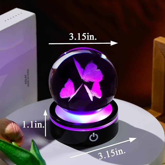 YWHL 3D Butterfly Gifts for Women, Crystal Butterfly Figurine Ball with Colorful Light Base, Birthday Mother Day for Butterfly Lover, Glass Animal Collection Sphere Home Decor(80mm)