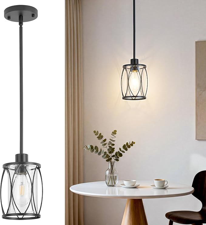 Glass Pendant Lights Kitchen Island Black Pendant Light Fixtures Adjustable Farmhouse Mini Hanging Light with Clear Glass for Sink Dining Room Foyer Entryway Bar, 1 Pack
