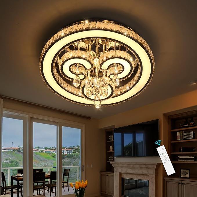 HAIXIANG Modern Glam Chandelier LED Crystal Light Interior Luxury Ceiling Chandeliers Remote Dimmable Lights Fixture 24 Inches Silver Light