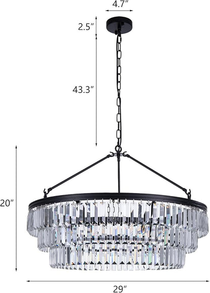 TOCHIC Farmhouse Crystal Chandelier, 29" Black Crystal Dining Living Room Chandelier Light Fixtures, Modern Foyer Chandelier Adjustable Round Hanging Chandeliers for Bedroom Kitchen Entryway Stairway