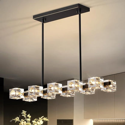Modern Crystal Chandeliers for Dining Room,Black and Gold Pendant Lights Fixture with 10-Lights,Adjustable Height Hanging Ceiling Light for Kitchen Island,Bedroom,Over Table,Living Room