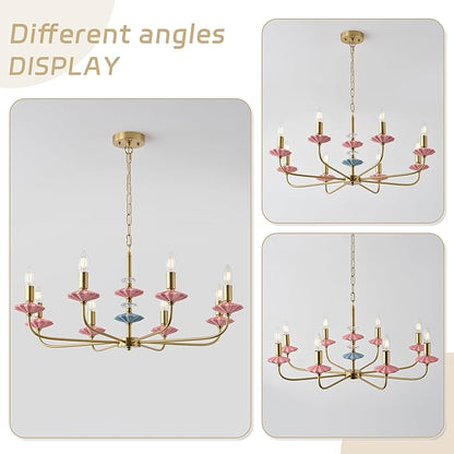 Pink Chandeliers for Dining Room Light Fixture Over Table,Brass Gold Art Deco Chandelier, Modern Vintage Chandelier with Ceramic,Farmhouse Chandelier for Girls Bedroom, Living Room, Foyer