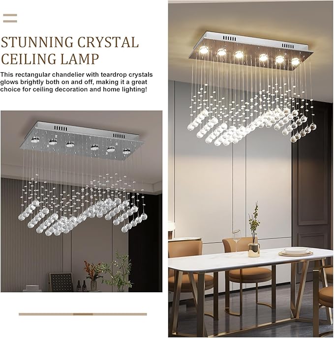 Depuley Modern K9 Crystal Chandelier, 6-Light Rectangle Flush Mount Ceiling Light, Wave Raindrop Crystal Pendant Lighting for Dining Room Kitchen Living Room Bedroom, L29.5'' x W11.8'' x H25.6''