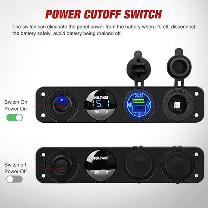 Nilight 4 in 1 ON/Off Charger Socket Panel PD Type C and QC 3.0 USB Power Outlet LED Voltmeter Cigarette Lighter Rocker Toggle Switches for Truck Car Boats RV