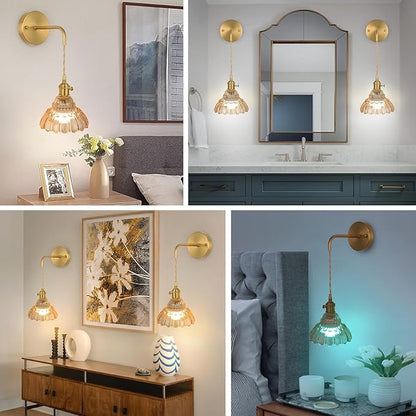 Vintage Wall Sconce Set of Two, Battery Operated Wall Sconces with Amber Glass Lampshade, Wireless Wall Sconces, Rechargeable Wireless RGB Wall Lights for Bedroom Living Room etc