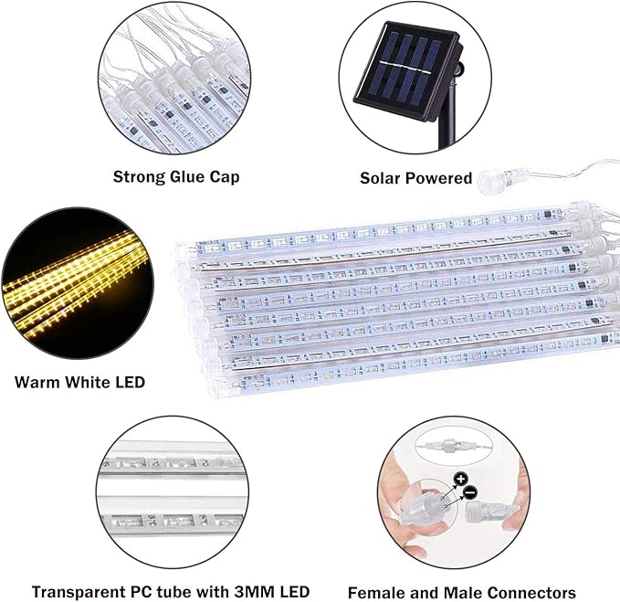 JMEXSUSS 2 Pack Solar Meteor Shower Lights, 16 Tube 288 LED Warm White Meteor Christmas Lights, Solar Powered Waterproof for Outdoor Tree Decorations