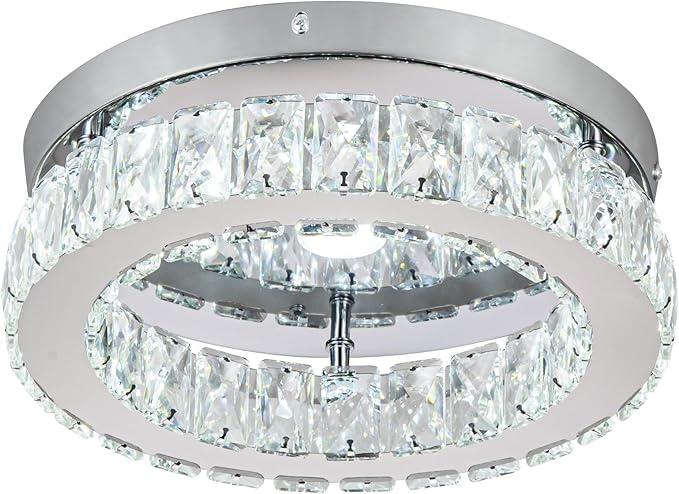 HOPGGIE 12 Inch Crystal Chandeliers LED Ceiling Light Flush Mount Ceiling Light Fixtures Modern Chandelier Light for Kitchen Closet Hallway Bedroom Foyer Laundry Room (Dimmable)