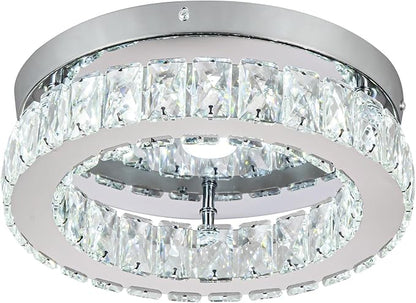 HOPGGIE 12 Inch Crystal Chandeliers LED Ceiling Light Flush Mount Ceiling Light Fixtures Modern Chandelier Light for Kitchen Closet Hallway Bedroom Foyer Laundry Room (Dimmable)