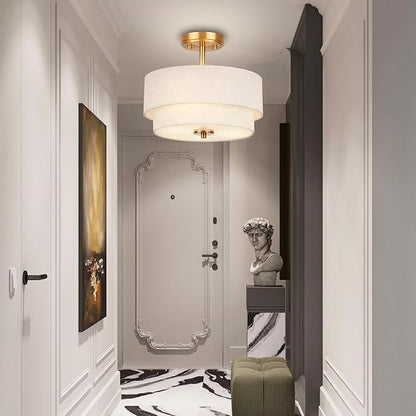 Edwarmlux 3-Light Semi Flush Mount Ceiling Light Fixture, 12.6" Gold Drum Light with White Fabric Shade, Modern Close to Ceiling Light for Living Room Bedroom Dining Room Kitchen Hallway Entry Foyer