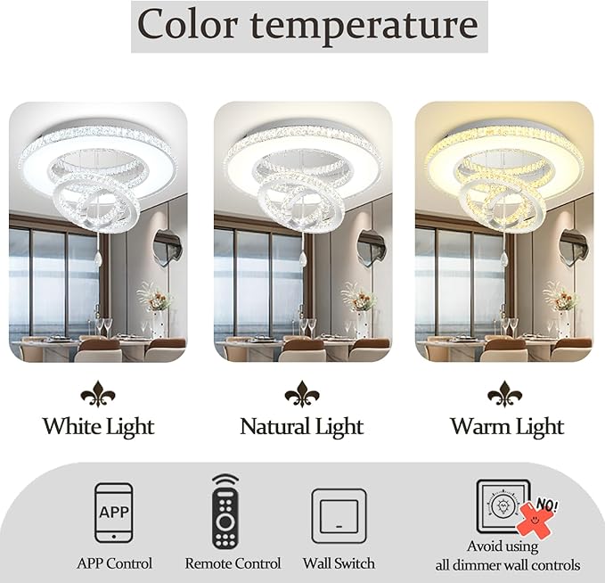 Flashing God Dia 32'' Modern Crystal Chandeliers for Living Room Crystal Flush Mount Ceiling Chandelier Large Chandeliers for Dining Room Bedroom Chrome LED Dimmable 3000-6000K