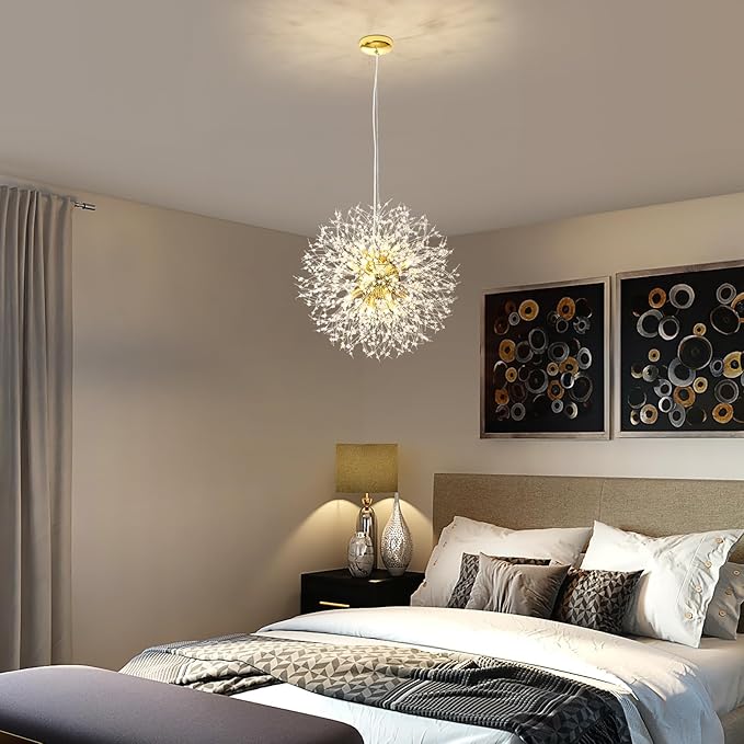 Modern Dandelion Firework Chandelier, Gold Dining Room Chandelier, Crystal Hanging Pendant Lighting Fixture for Living Room, Bathroom, Bedroom, Restaurant, 16-Light
