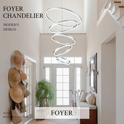 5-Rings D31.5’’ Modern LED Chandelier Silver Dimmable High Ceiling Chandeliers Foyer with Remote Control for Entryway Living Room Dining Room Staircase, 3000K-6500K