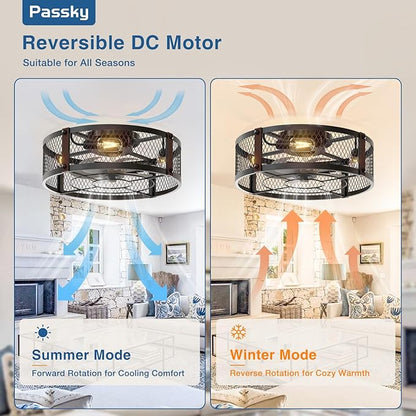 Passky 20" Farmhouse Flush Mount Ceiling Fans with Lights and Remote, Industrial Black Caged Low Profile Fandelier, 6 Speeds Bladeless Ceiling Fan for Bedroom, Kitchen, Living Room