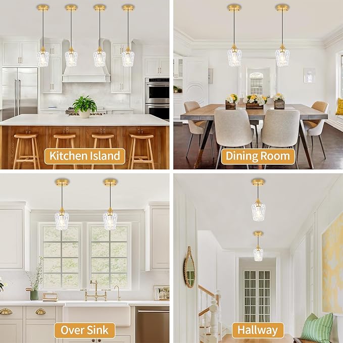 Brushed Gold Pendant Light Fixtures, Thick Hammered Glass Pendant Lights Kitchen Island 3 Pack Modern Hanging Light Hallway Ceiling Light Fixtures Mini Pendant Lights for Bathroom Dining Room