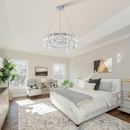 Modern Crystal LED Chandelier 32’’ with Remote Control Dimmable 3000-6500K Contemporary Chrome Luxury Chandeliers Light Fixture for Living Dining Room Bedroom Kitchen Island Foyer Entryway