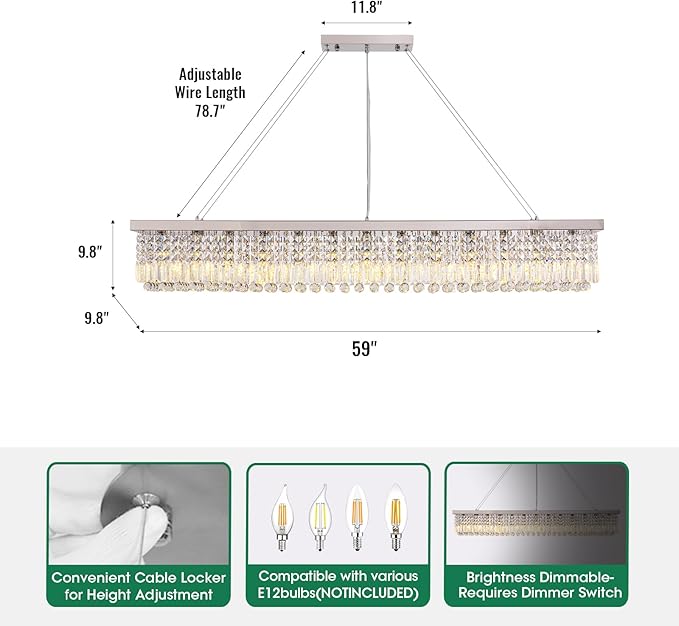Large Modern Crystal Chandeliers for Dining Room Light Fixture, 13-Light Rectangle Chandelier for Kitchen Island Living Room, L59 Inch, Chrome Finish