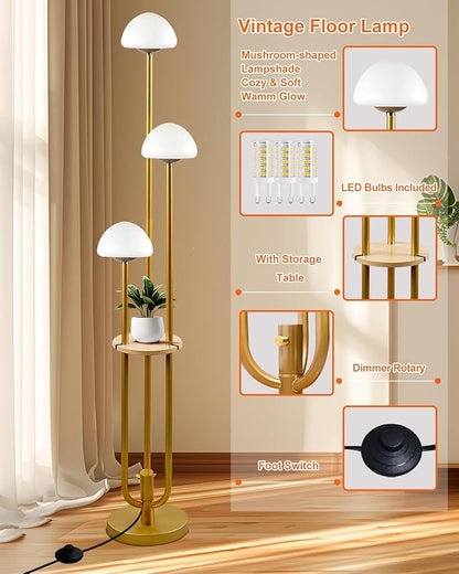 Gold Dimmable Floor Lamp with Table, Modern Floor Lamps with Mushroom Shades for Living Room, 3000K Warm White Tall Standing Lamp with Bulbs& 5Lbs Heavy Base for Bedroom/Office