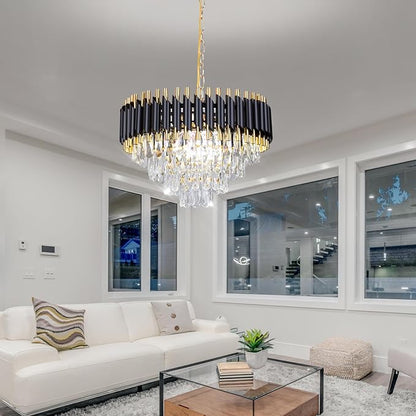 FRIXCHUR Modern Crystal Chandelier 20" Black Flush Mount Led Crystal Ceiling Light 4 Tiers Raindrop Crystal Pendant Light Led Chandelier for Bedroom Dining Room Entryway E12*7(Exclud Bulbs)