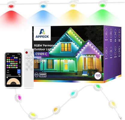 APPECK Permanent Outdoor Lights 100ft with 72 LEDs, 111 Scene Modes, Smart RGBW String Lights Waterproof, App & Remote Control for Christmas, Holidays, Compatible with Alexa, Google, White