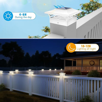 JOFIOS Solar Fence Post Lights, Cap Lights for 4x4/5x5 Vinyl Fence and 4x4/6x6 Wooden Post, Warm White/Cool White Lighting, White Solar Cap Outdoor Waterproof Decorate Garden Pathway Dcek Patio