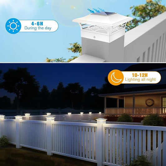 JOFIOS Solar Fence Post Lights 6pack, Cap Lights for 4x4/5x5 Vinyl Fence and 4x4/6x6 Wooden Post, Warm White/Cool White Lighting, White Solar Cap Outdoor Waterproof Decorate Garden Pathway Deck Patio