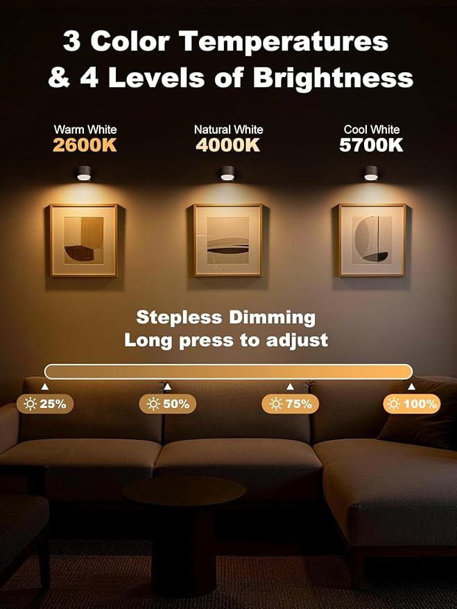 Smiling Shark Wireless Wall Light, Rechargeable Wall Light LED 360° Rotate Magnetic 3 Color & 4 Brightness Stepless Dimming Adhesive Rechargeable Wall Sconce for Bedroom Bedside, White