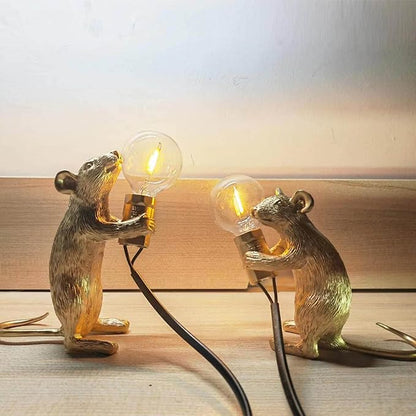 NorDiem Modern Cute Art Mouse Table Lamp Children's Bedside Gift Mini Mouse Lamp LED Resin Animal Small Mice Desk Lights (Gold Sitting)