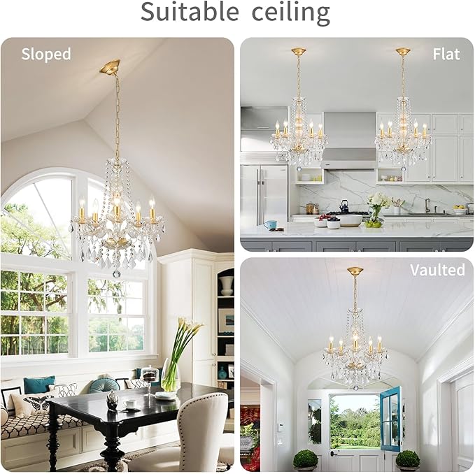 WUZUPS Crystal 5-Light Candle Chandelier Pendant Flushmount Ceiling Light Modern Lighting Fixture for Bedroom Hallway Bar Kitchen Bathroom, H 25" x W 20", Gold, E12 Base