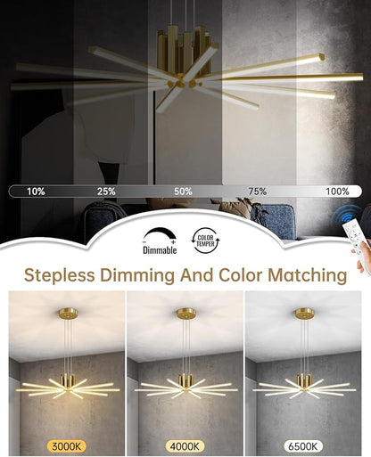 Modern Led Chandelier, Dimmable Sputnik Light Fixture with Remote Control, Modern Pendant Light for Dining Room Kitchen Living Room Entryway, 3000K-6500K (Copper)
