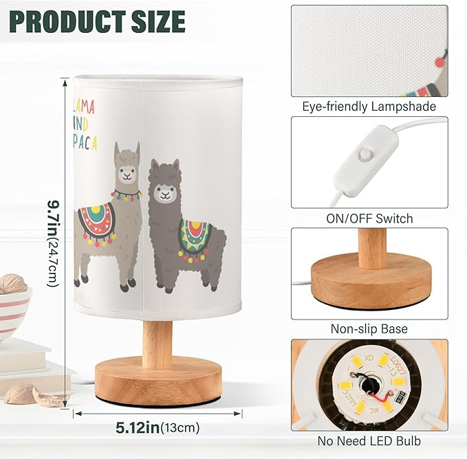 Cute Llama Alpaca Funny Smile Animal Table Lamp with Wood Base Fabric Lamp Shade Bedside Nightstand Desk Lamp for Living Room Bedroom Kids Room Office