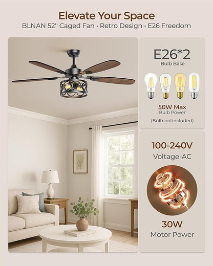 Ceiling Fans with Lights and Remote, 42'' Vintage Caged Ceiling Fan with Light, 5 Blades, 6+1 Speed, Flush Mount Ceiling Fan Whisper-quiet for Farmhouse, Living Room, Kitchen and Porch (42 Inch)
