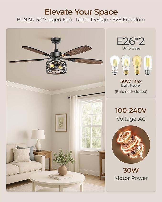 Ceiling Fans with Lights and Remote, 52'' Vintage Caged Ceiling Fan with Light, 5 Blades, 6+1 Speed, Flush Mount Ceiling Fan Whisper-quiet for Farmhouse, Living Room, Kitchen and Porch (52 Inch)