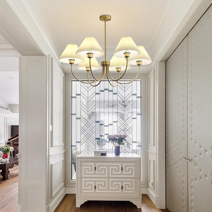 KCO Lighting Vintage Wrinkled Chandelier White Pleated Fabric Pendant Light Modern Gold Sputnik Chandelier 6-Lights Flush Mount Ceiling Light Classic Chandeliers for Dining Room