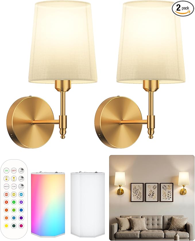 Ouyulong Battery Operated Wall Sconces Set of 2, Wireless Rechargeable Dimmable Wall Light with 15000mAh RGB Bulb and Remote for Bedroom