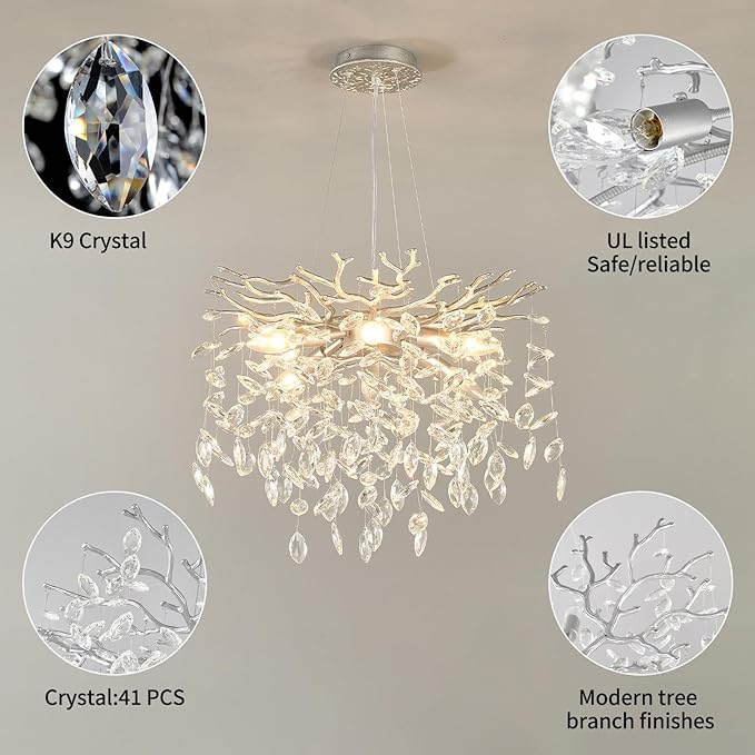 EGM 18-Inch Silver Crystal Chandeliers for Dining Room, Modern Crystal Chandelier for Bedroom, 6-Light Silver Tree Branch Chandelier for Living Room, Raindrop Leaf Chandeliers for Home Décor, E12