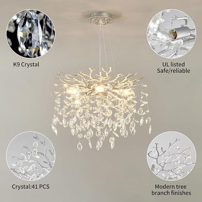 EGM 18-Inch Silver Crystal Chandeliers for Dining Room, Modern Crystal Chandelier for Bedroom, 6-Light Silver Tree Branch Chandelier for Living Room, Raindrop Leaf Chandeliers for Home Décor, E12