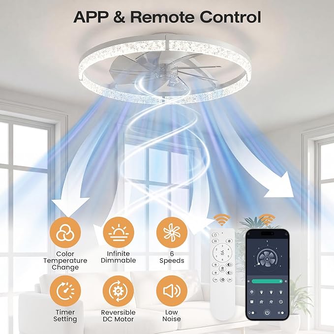StarryEver Ceiling Fans with Lights and Remote, 24 Inch Modern Smart Ceiling Fan, 6 Speeds and 3000K-6500K Dimmable LED Fan Light, Low Profile Ceiling Fan for Bedroom, Living Room, Dining Room, White