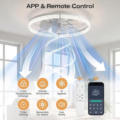 StarryEver Ceiling Fans with Lights and Remote, 24 Inch Modern Smart Ceiling Fan, 6 Speeds and 3000K-6500K Dimmable LED Fan Light, Low Profile Ceiling Fan for Bedroom, Living Room, Dining Room, White
