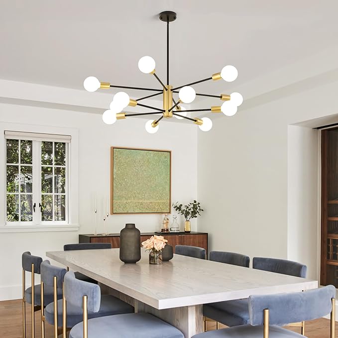 AMZASA Sputnik Chandeliers Ceiling Light Fixture, 12 Lights Modern Farmhouse Chandelier Black and Gold Mid Century Pendant Light for Dining Room, Living Room, Kitchen Island Entryway Foyer, UL Listed