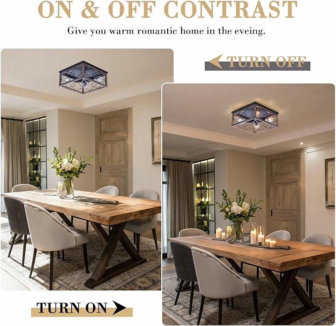 VILUXY Farmhouse Wood Flush Mount Ceiling Light 4 Lights Square Close to Ceiling Lamp Rustic for Entryway Kitchen Hallway Dining Room Bedroom