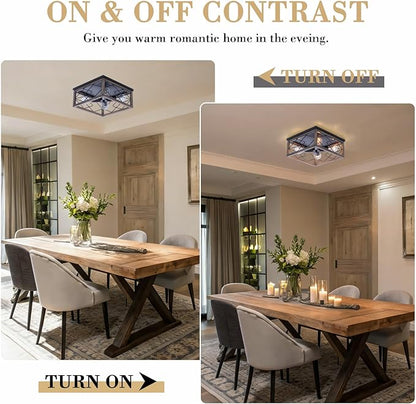 VILUXY Farmhouse Wood Flush Mount Ceiling Light 4 Lights Square Close to Ceiling Lamp Rustic for Entryway Kitchen Hallway Dining Room Bedroom
