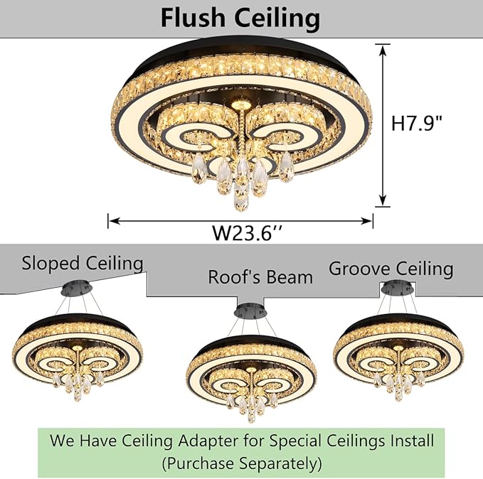 HAIXIANG Modern Glam Chandelier LED Crystal Light Interior Luxury Ceiling Chandeliers Remote Dimmable Lights Fixture 24 Inches Black Light