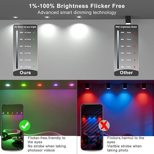 Lightdot 6 Inch Smart Recessed Lighting, 36° Spotlight + RGB Halo Ring, Dual-Zone Control, Full Metal RGBWW Color Changing LED Canless Downlight with Junction Box, Remote&App, 100-277V, 6Pack-ETL