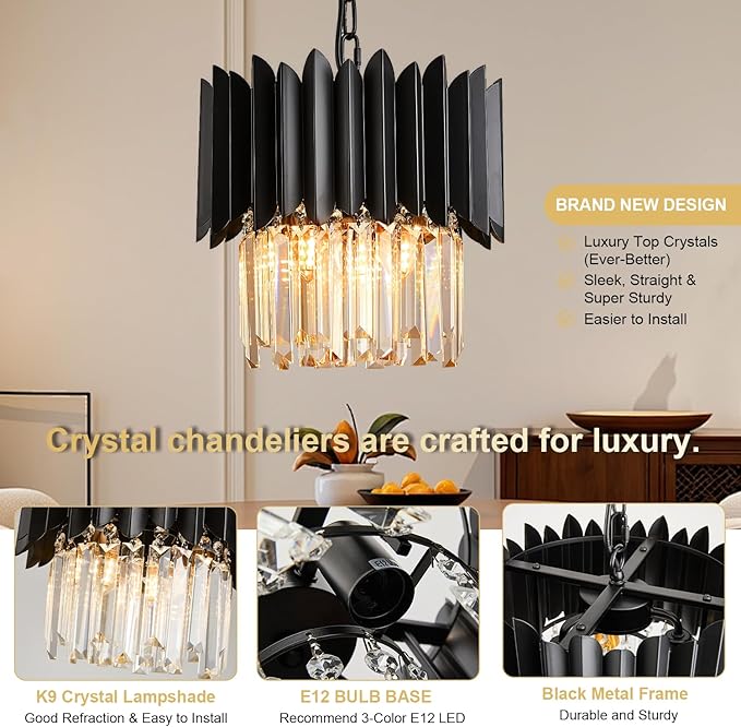 Black Crystal Chandelier 12 Inch K9 Crystal Pendant Light Fixture 3-Light Semi Flush Mount Ceiling Light for Kitchen Island Dining Room Bedroom Foyer Entryway Hallway