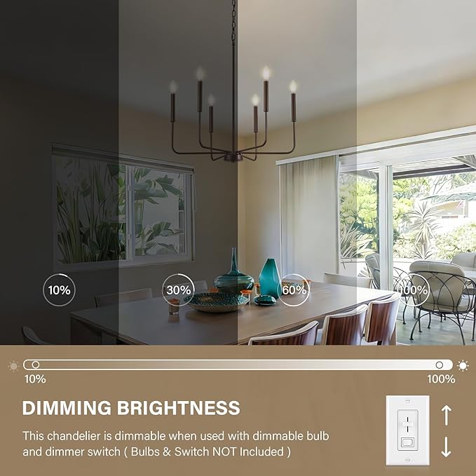 Modern Oil-Rubbed Bronze Chandelier for Dining Room, Metal 6-Light Kitchen Light Fixtures, Farmhouse Candle Hanging Pendant Light for Living Room Entryway Foyer Bedroom (Bulbs Not Included)
